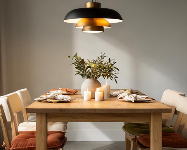 Comedor con centro de mesa, iluminación colgante y sillas con almohadones