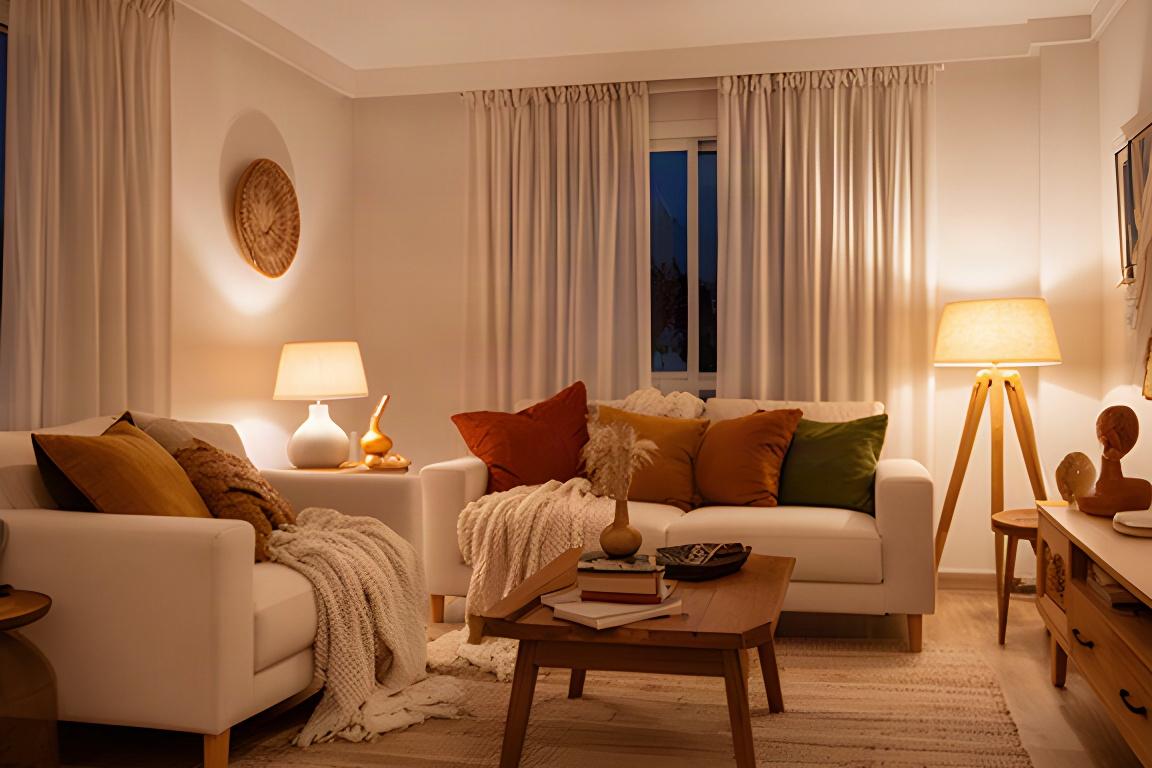 Sala de estar decorada con textiles cálidos, iluminación suave y muebles pequeños en Pergamino Buenos Aires