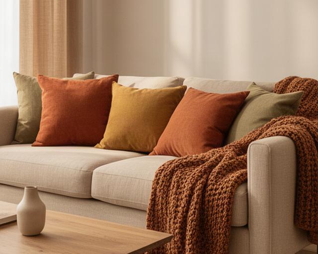 Living acogedor con almohadones en tonos tierra y manta tejida sobre el sillón